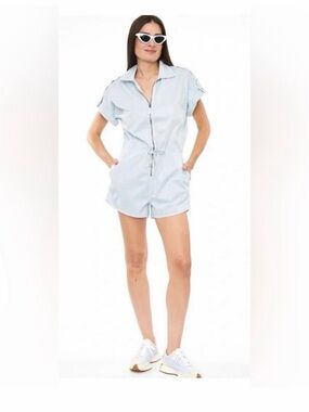 pistola Light Blue Short Sleeve Zip Romper